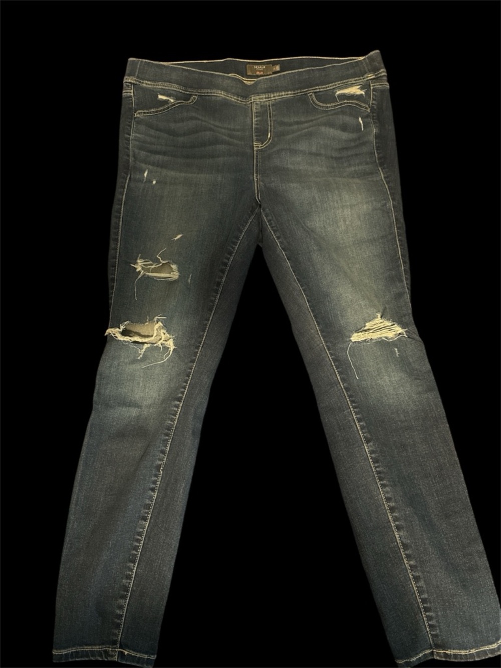 torrid dark blue distressed lean jeans with contrast stitching - super soft